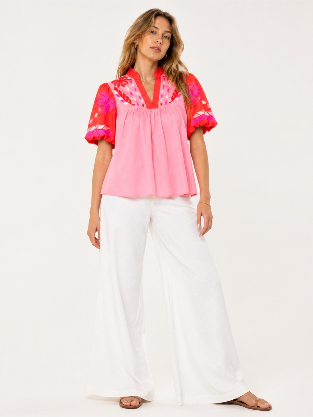 THML Embroidered Blouse Pink Red L Puff Sleeve Boho Chic Lightweight Top - Picture 7 of 8